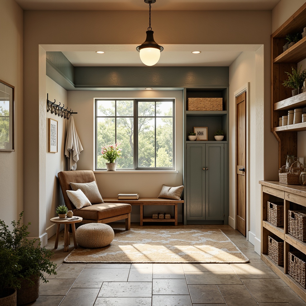 Prompt: Cozy mudroom, warm earthy tones, natural stone flooring, wooden bench, woven baskets, rustic metal hooks, soft beige walls, calming blue accents, warm golden lighting, rich brown furniture, nature-inspired patterns, botanical prints, textured rugs, functional shelving units, ample storage space, farmhouse-style decor, inviting atmosphere, soft focus photography, 1/2 composition, realistic textures, ambient occlusion.