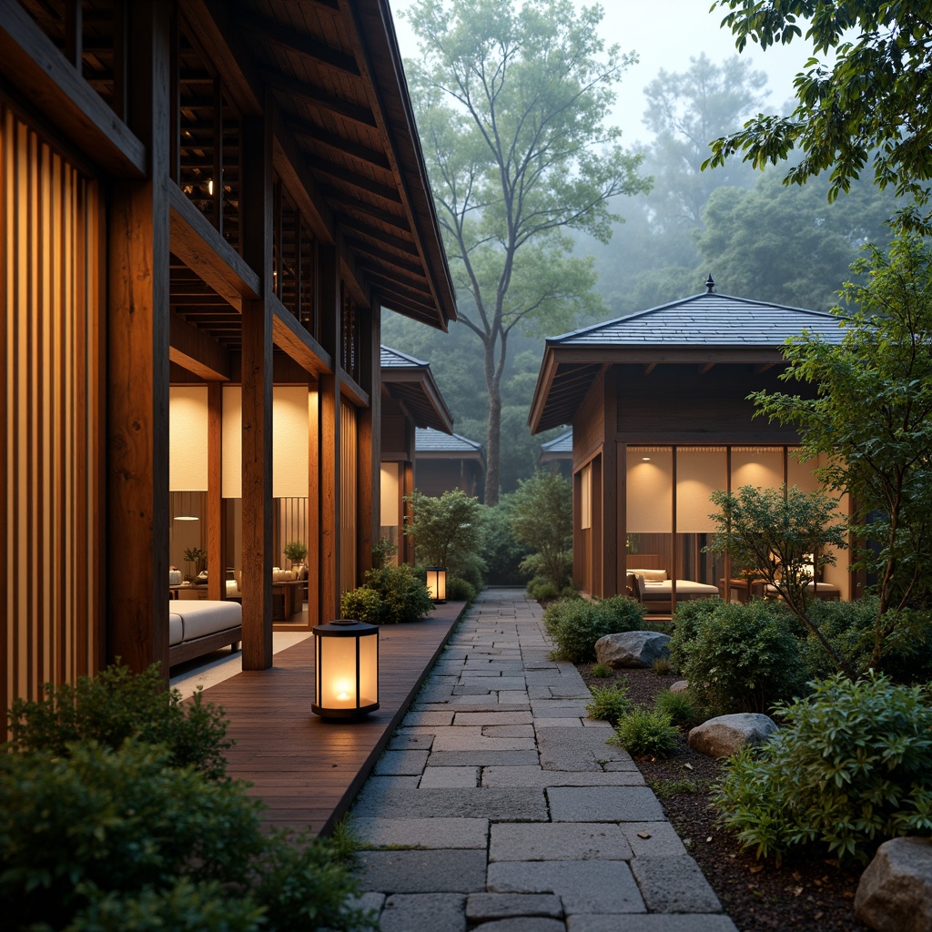 Prompt: Traditional Japanese lanterns, warm wooden accents, natural stone walls, subtle paper lantern-inspired lighting, elegant Shoji screens, minimalist modern architecture, sleek metal beams, large glass windows, vibrant greenery, tropical plants, misty morning atmosphere, soft diffused lighting, shallow depth of field, 1/2 composition, realistic textures, ambient occlusion.