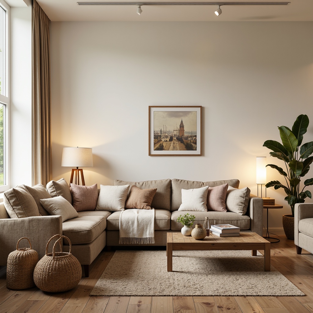 Prompt: Cozy living room, plush sectional sofa, velvet armchairs, wooden coffee table, soft rugs, warm floor lamps, modern minimalist decor, cream-colored walls, large windows, natural light, calm ambiance, relaxing atmosphere, comfortable pillows, woven baskets, potted plants, earthy tones, natural textures, soft pastel colors, elegant vases, artistic sculptures.