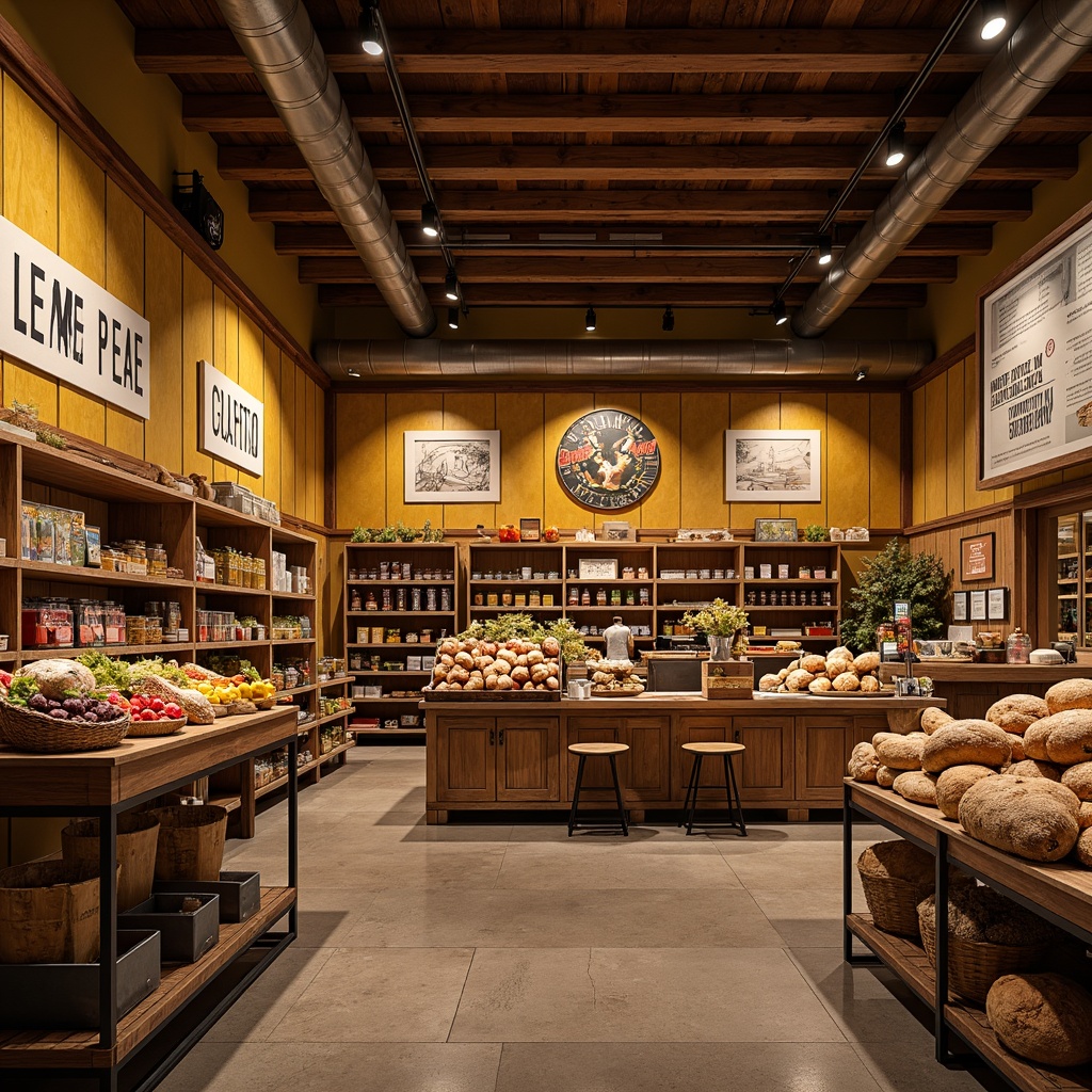 Prompt: Warm traditional grocery store, earthy tone walls, wooden shelves, vintage metal racks, retro-style signage, natural stone flooring, warm overhead lighting, cozy atmosphere, baskets with fresh fruits, crates with artisanal bread, nostalgic packaging designs, rich wood accents, classic typography, inviting color scheme, golden yellow hues, deep red tones, soft cream shades, 3/4 composition, shallow depth of field, realistic textures, ambient occlusion.