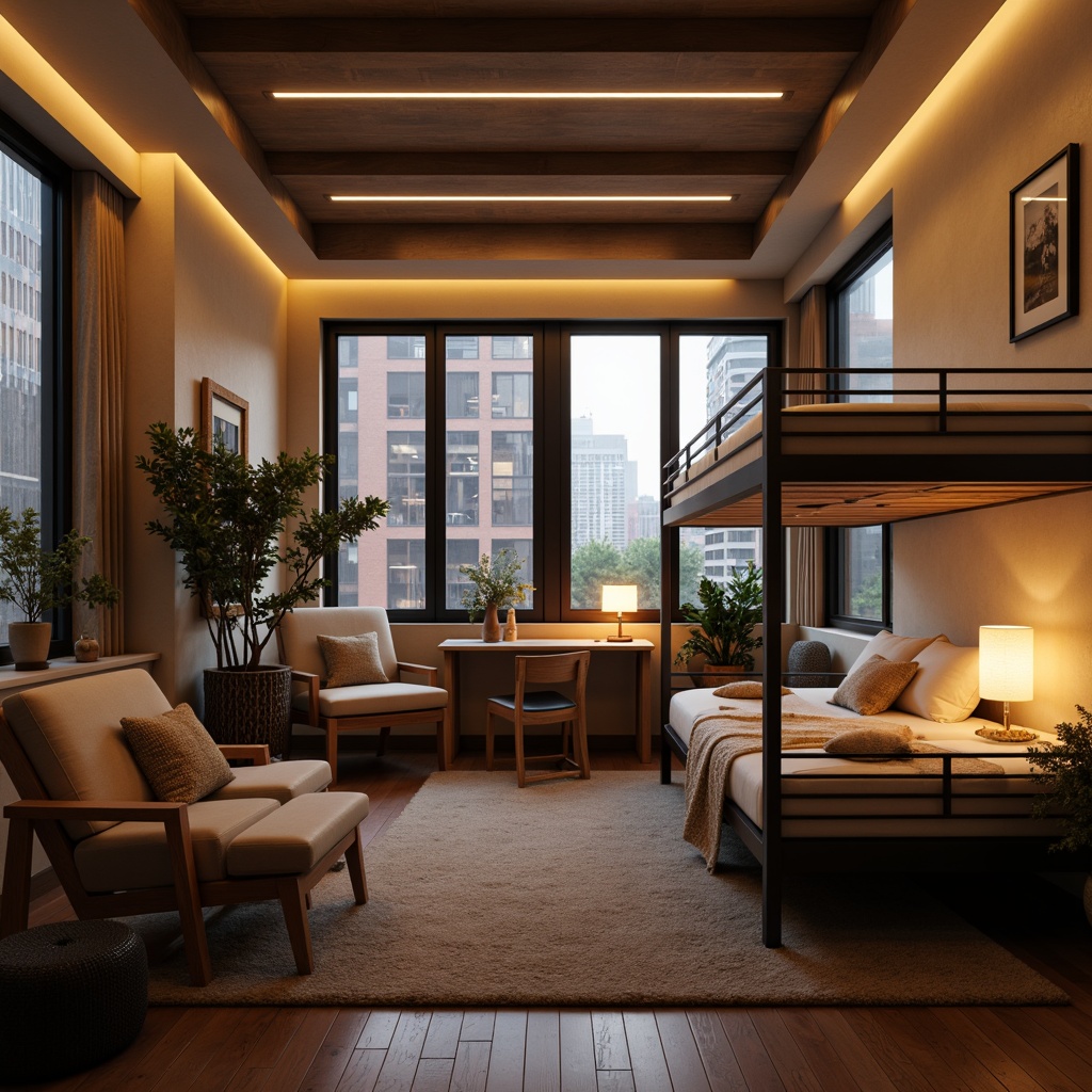 Prompt: Modern dorm room, minimalist decor, soft warm glow, LED strip lights, floor lamps, table lamps, cozy reading nooks, comfortable bedding, wooden furniture, sleek metal frames, urban loft atmosphere, large windows, cityscape views, natural daylight, warm color tones, ambient lighting, 1/1 composition, realistic textures, subtle shadows, relaxing ambiance, calm mood.