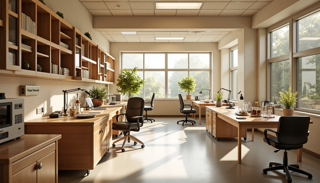 Prompt: Modern laboratory interior, academic style, warm beige walls, polished wooden workstations, ergonomic chairs, adjustable desk lamps, built-in shelves, metal cabinets, glass countertops, scientific equipment displays, fume hoods, experiment tables, overhead lighting, soft natural light, calm atmosphere, 1/1 composition, realistic textures, ambient occlusion.