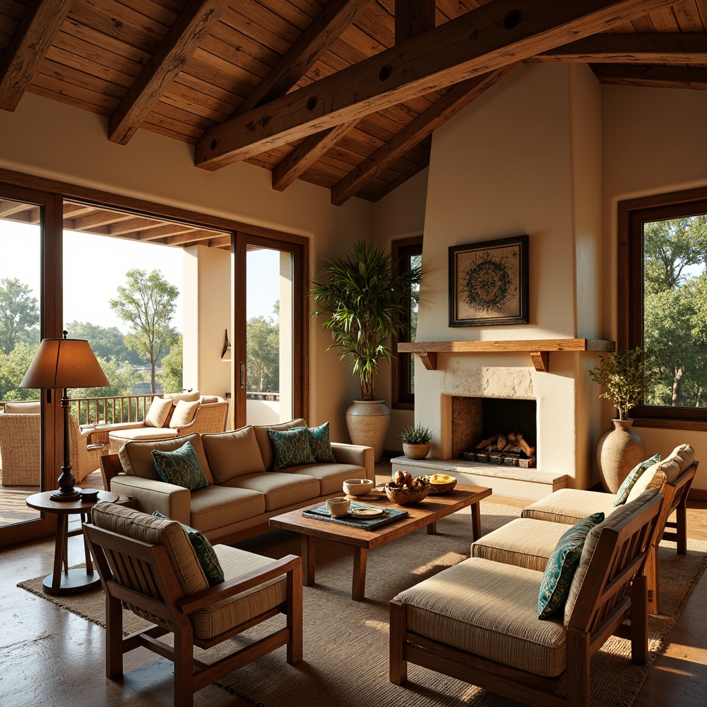 Prompt: Southwestern living room, warm earthy tones, rustic wooden accents, vintage turquoise decorations, woven textiles, natural fiber rugs, stone fireplaces, wooden beam ceilings, large windows, soft diffused light, warm golden lighting, table lamps with rattan shades, floor lamps with ceramic bases, pendant lights with wicker details, dimmable LED lights, cozy ambiance, relaxing atmosphere, 1/2 composition, shallow depth of field, realistic textures, ambient occlusion.