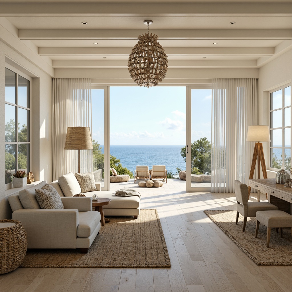 Prompt: Coastal-style interior, natural light-filled rooms, large windows, sliding glass doors, ocean-inspired color palette, soft creamy whites, calming blues, sandy neutrals, driftwood accents, woven textiles, natural fiber rugs, reclaimed wood furniture, minimalist decor, shell-adorned accessories, sea-glass chandeliers, ambient lighting, warm beige tones, airy open spaces, 3/4 composition, shallow depth of field, realistic textures, soft focus.