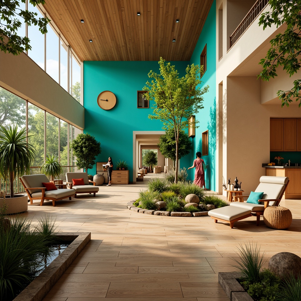 Prompt: Vibrant postmodern rehabilitation center, bold turquoise walls, warm beige accents, rich wooden floors, eclectic furniture arrangements, abstract geometric patterns, modern minimalist decor, natural stone features, abundant greenery, calming water features, soft golden lighting, shallow depth of field, 3/4 composition, realistic textures, ambient occlusion.