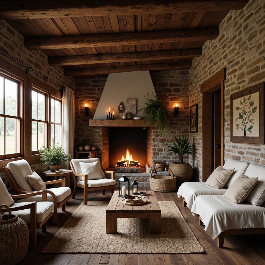 Prompt: Rustic cabin, wooden accents, reclaimed wood planks, stone walls, earthy tones, natural textiles, woven baskets, jute rugs, linen fabrics, vintage furniture, metal lanterns, candlelight, warm cozy atmosphere, crackling fireplace, wooden beams, exposed brick, distressed finishes, organic shapes, natural imperfections, soft warm lighting, shallow depth of field, 3/4 composition, realistic textures, ambient occlusion.