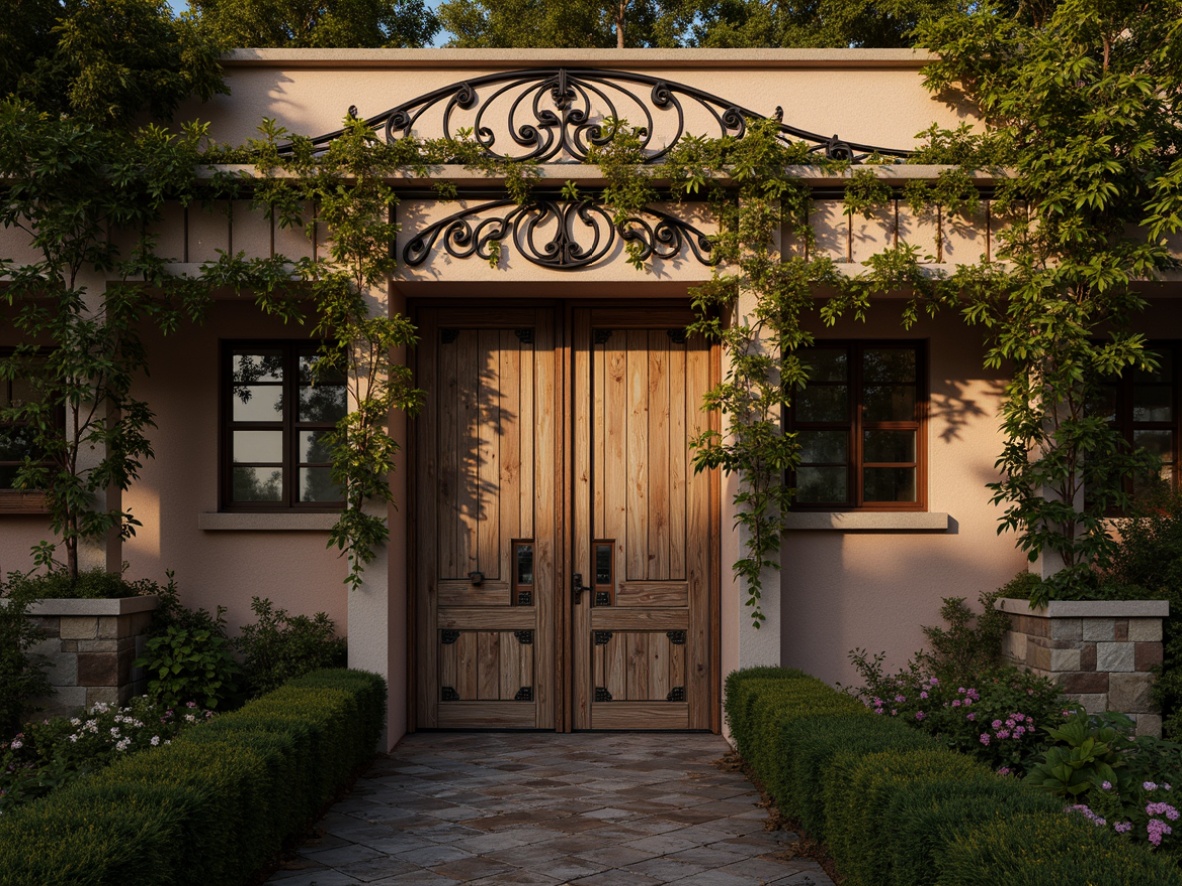 Prompt: Intricate ironwork, flowing organic lines, ornate floral patterns, curved feminine shapes, vintage automotive ornaments, distressed wooden doors, rustic stone walls, lush greenery, ivy-covered trellises, warm golden lighting, shallow depth of field, 1/2 composition, realistic textures, ambient occlusion, soft focus, dreamy atmosphere, nostalgic tone.