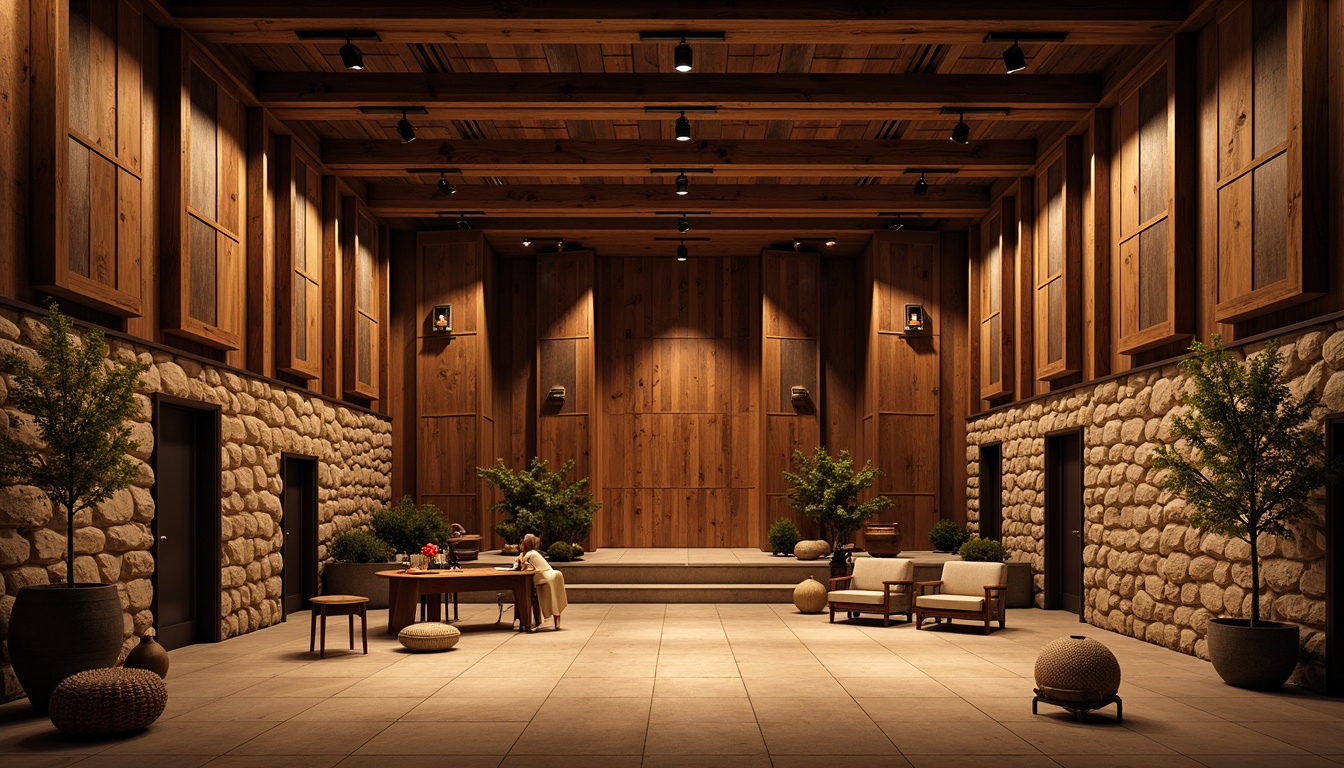 Prompt: Rustic performing arts center, reclaimed wood acoustic panels, natural stone walls, earthy tone flooring, vintage stage lighting, wooden beam ceilings, distressed metal decorations, cozy intimate atmosphere, warm ambient glow, shallow depth of field, 1/2 composition, softbox lighting, realistic textures, ambient occlusion.