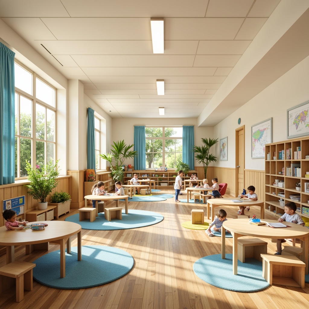 Prompt: Vibrant kindergarten classroom, soft pastel colors, gentle cream walls, warm wooden floors, playful colorful rugs, whimsical furniture shapes, rounded corners, natural light pouring in, large windows, cozy reading nooks, interactive play areas, stimulating art stations, cheerful decorative accents, calming blue hues, soothing greenery, joyful yellow tones, creamy white textures, inviting circular tables, comfortable cushioned chairs, happy childhood memories, soft diffused lighting, shallow depth of field, 1/1 composition, realistic textures, ambient occlusion.