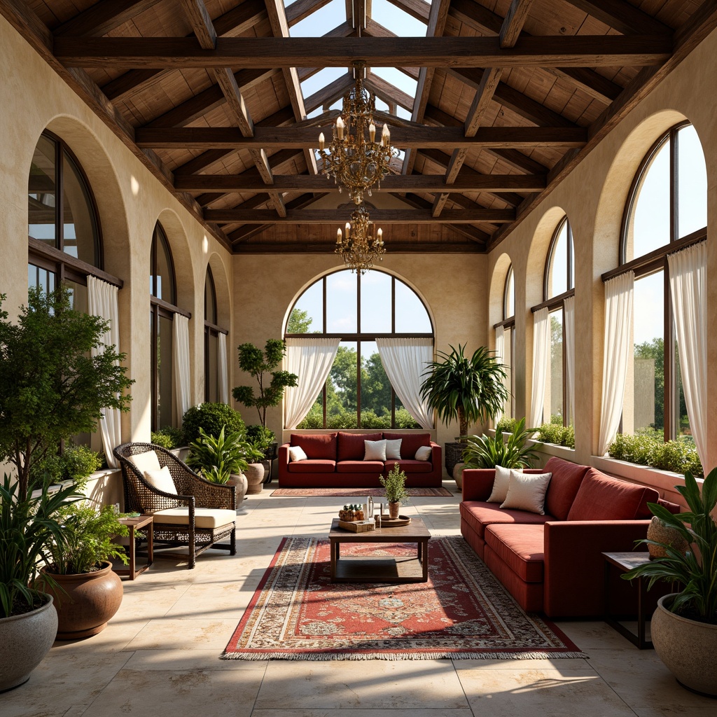 Prompt: Renaissance-style sunroom, natural stone flooring, distressed wood beams, large skylights, comfortable velvet sofas, antique wooden armchairs, ornate metal coffee tables, vintage decorative rugs, lush greenery, potted plants, elegant chandeliers, warm golden lighting, soft sheer curtains, panoramic views, 1/1 composition, shallow depth of field, realistic textures, ambient occlusion.