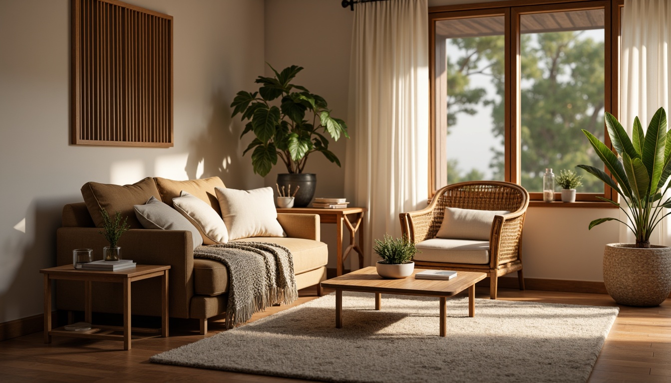 Prompt: Cozy living room, plush area rug, soft velvet sofa, chunky knit throw blanket, woven wicker armchair, rustic wooden coffee table, natural fiber upholstery, warm beige walls, gentle ambient lighting, shallow depth of field, 1/2 composition, realistic textures, subtle shadowing.