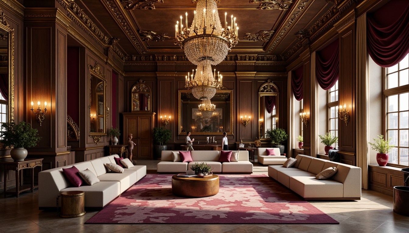 Prompt: Luxurious gold accents, rich velvet fabrics, ornate mirrors, grandiose chandeliers, dark wood paneling, intricate carvings, soft warm candlelight, dramatic shadows, opulent drapery, lavish furnishings, regal purple hues, majestic red tones, elegant cream colors, refined beige textures, subtle bronze undertones, ornate plaster ceilings, sophisticated marble floors, aristocratic atmosphere, 1/1 composition, shallow depth of field, realistic textures, ambient occlusion.