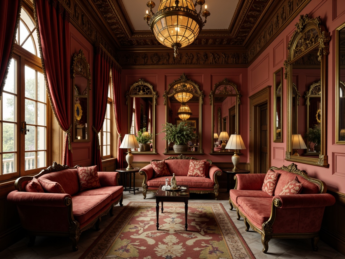 Prompt: Richly ornate furniture, gilded frames, velvet upholstery, intricately carved wooden legs, curved lines, ornamental mirrors, luxurious fabrics, heavy drapery, tassel details, regal atmosphere, dim warm lighting, Renaissance-inspired patterns, golden accents, marble floors, grandiose chandeliers, symmetrical compositions, 1/2 perspective view, soft focus effect.