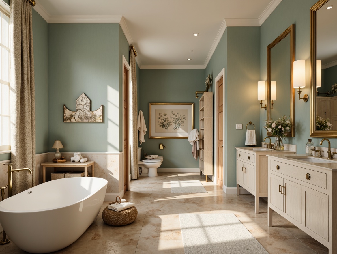 Prompt: Elegant bathroom, soft warm lighting, calming ambiance, creamy marble countertops, gentle blue-green walls, brushed gold fixtures, ornate mirrors, freestanding tubs, rainfall showerheads, plush towels, spa-inspired atmosphere, natural stone floors, subtle texture variations, earthy tone accents, luxurious velvet fabrics, refined minimalist decor, serene botanical prints, warm beige cabinets, elegant chrome hardware.