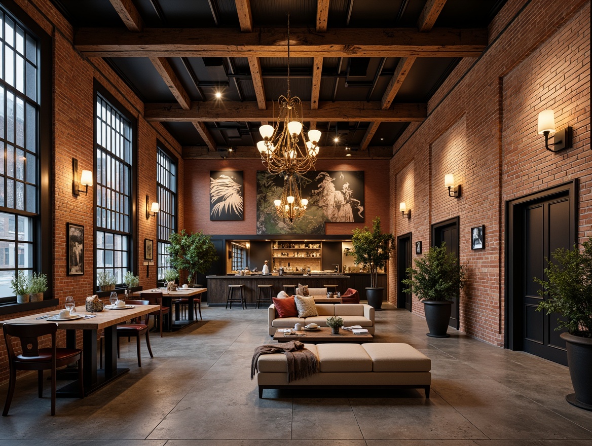 Prompt: Exposed brick walls, industrial chic, distressed finishes, metallic accents, geometric patterns, ornate details, luxurious textiles, rich wood tones, lavish chandeliers, dramatic lighting, grandiose scales, urban loft atmosphere, reclaimed wood panels, polished concrete floors, Deco-inspired metalwork, bold color schemes, ornamental ironmongery, vintage machinery, eclectic art pieces, modernist furniture, moody atmospheric lighting, high contrast ratios, cinematic composition.