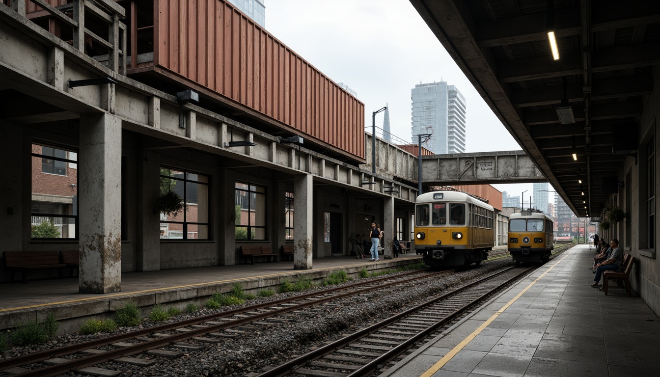 Prompt: Gritty train station, brutalist architecture, industrial materials, exposed concrete structures, metal beams, rusty tones, distressed textures, urban cityscape, overcast skies, dramatic shadows, high-contrast lighting, bold color blocking, monochromatic schemes, earthy tones, weathered steel, rough-hewn stone walls, functional design, utilitarian aesthetic, atmospheric perspective, cinematic framing, 2.35