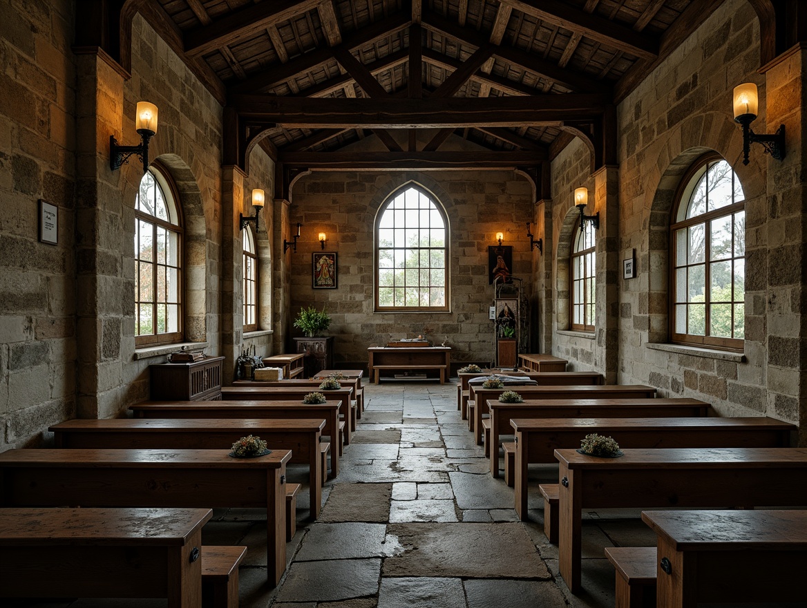 Prompt: Rustic church interior, distressed stone walls, worn wooden beams, vintage lanterns, ornate stained glass windows, earthy color palette, rough-hewn wooden pews, faded tapestries, mysterious ambiance, warm soft lighting, high ceilings, grand archways, intricate carvings, aged metal accents, natural stone flooring, moss-covered exterior walls, overcast sky, dramatic shadows, 3/4 composition, atmospheric perspective, realistic textures, ambient occlusion.