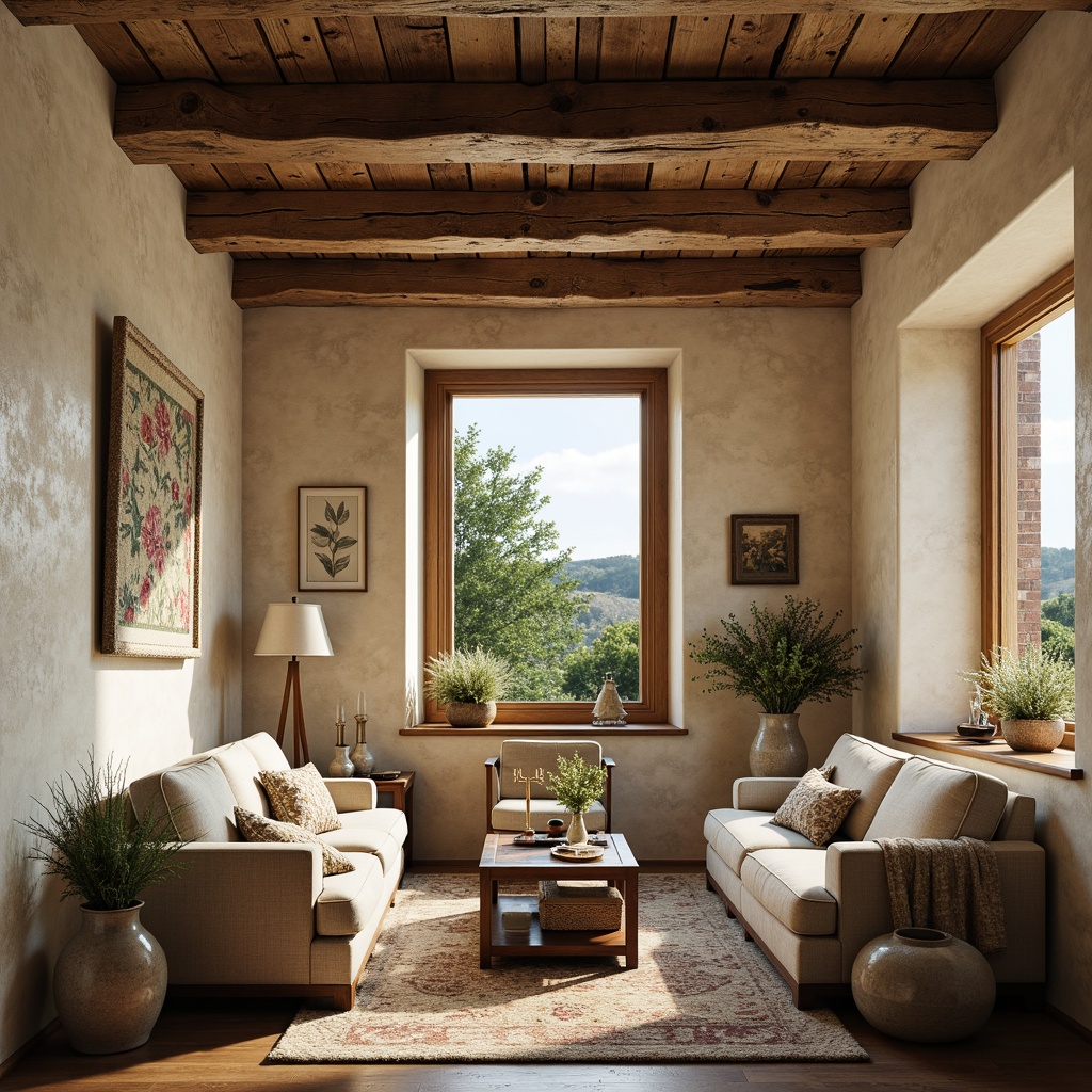 Prompt: Rustic French country style, distressed stone walls, soft cream-colored plaster, natural wood accents, ornate gold molding, elegant floral patterns, subtle texture variations, warm candlelight, soft focus, 1/2 composition, intimate atmosphere, vintage furniture pieces, woven tapestries, linen fabrics, earthy color palette, aged wooden beams, charming countryside views.