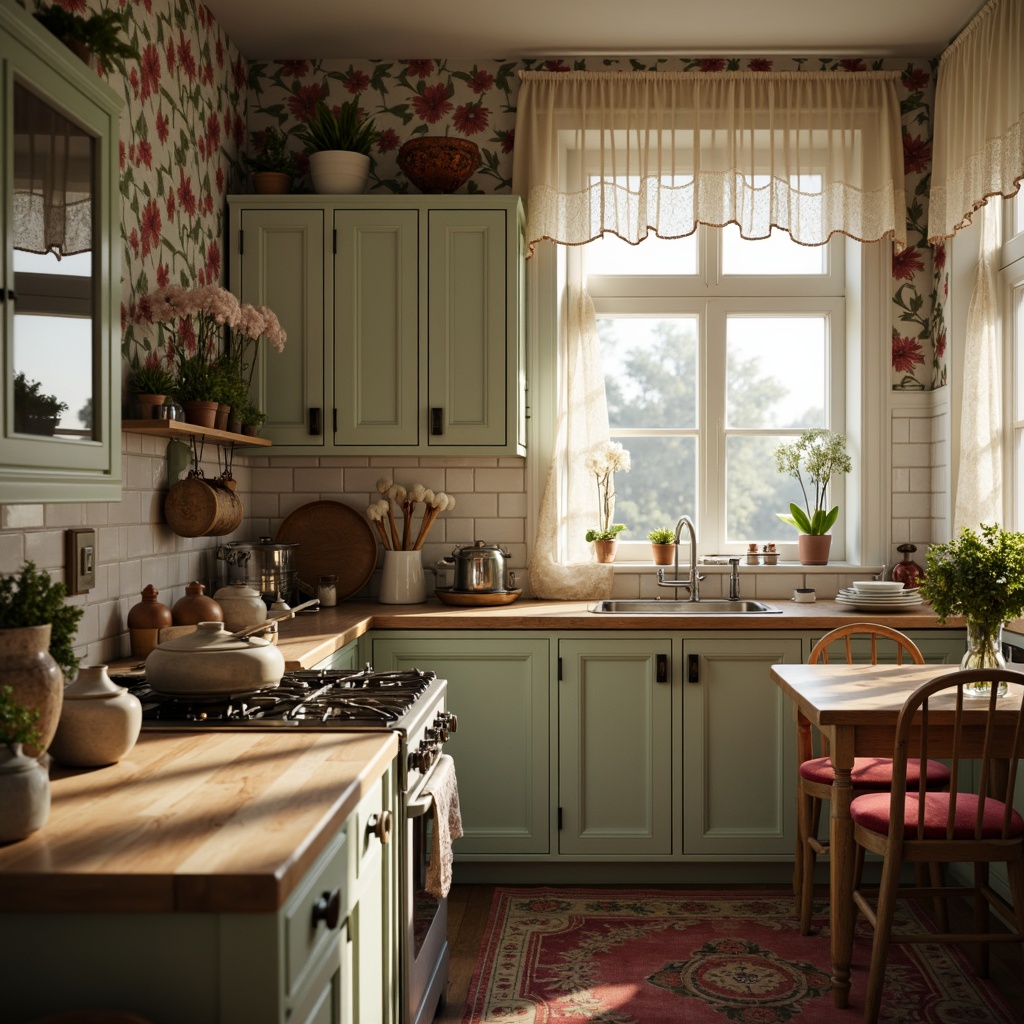 Prompt: Vintage-inspired kitchen, distressed wooden cabinets, soft pastel colors, lace curtains, floral patterns, ruffled fabrics, velvet upholstery, antique hardware, rustic metal accents, warm candlelight, 3/4 composition, shallow depth of field, romantic atmosphere.