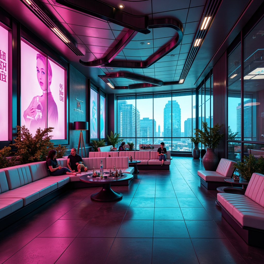 Prompt: Neon-lit futuristic interior, sleek metal accents, holographic displays, ambient LED strips, soft blue glow, minimalist furniture, reflective glass surfaces, angular lines, dynamic shadows, high-contrast lighting, cinematic ambiance, 3/4 composition, shallow depth of field, panoramic view, realistic textures, ambient occlusion, cyberpunk-inspired color palette, vibrant pink and green hues, metallic sheen, luminous ceiling installations, floor-to-ceiling windows, urban cityscape views, futuristic city skyline.