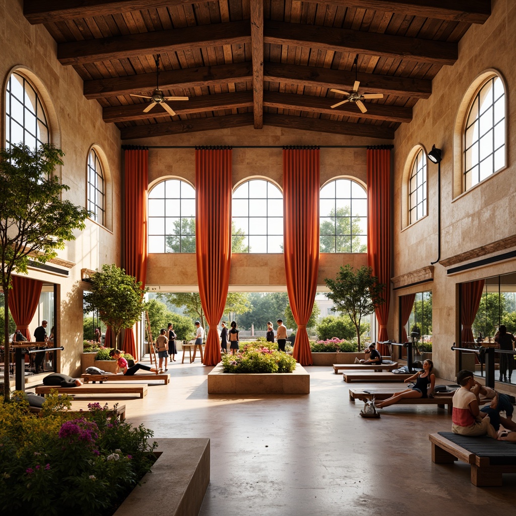 Prompt: Warm Mediterranean gymnasium, high ceilings, large windows, natural stone walls, wooden flooring, rustic metal beams, soft warm lighting, cozy ambiance, floor-to-ceiling curtains, vibrant color accents, earthy tones, sports equipment, exercise machines, mirrored walls, free weights area, stretching zone, locker rooms, showers, sauna facilities, outdoor courtyard, lush greenery, blooming flowers, sunny day, gentle breeze, shallow depth of field, 3/4 composition, realistic textures, ambient occlusion.