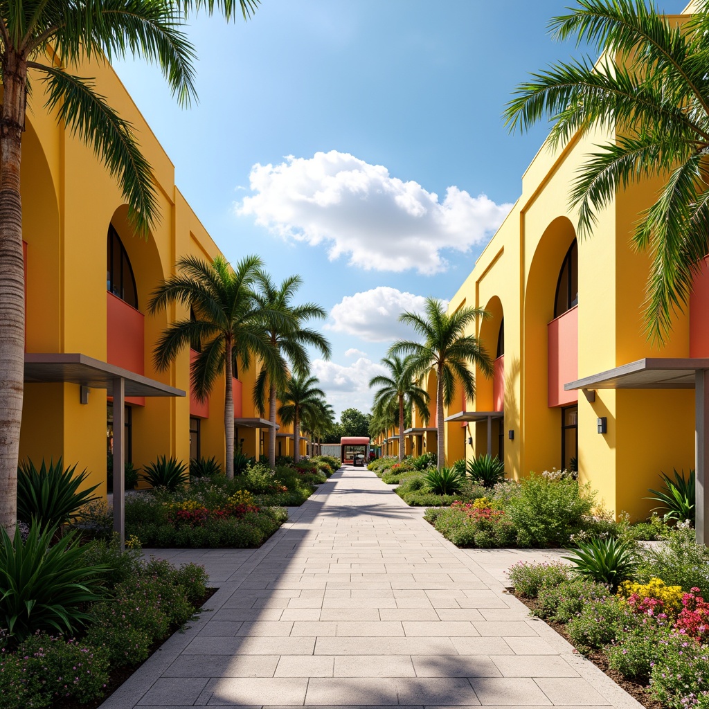 Prompt: Tropical bus station, vibrant color scheme, bold yellow walls, bright coral roofs, lush greenery, palm trees, exotic flowers, modern curved lines, stainless steel accents, glass canopies, natural stone flooring, warm lighting, shallow depth of field, 3/4 composition, panoramic view, realistic textures, ambient occlusion, sunny day, blue sky, white puffy clouds.