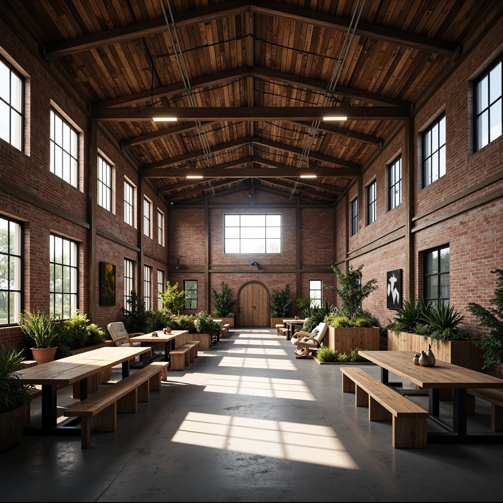 Prompt: Industrial warehouse, high ceilings, exposed beams, metal trusses, reclaimed wood accents, distressed brick walls, concrete floors, urban loft atmosphere, modern industrial lighting, pendant lamps, minimalist decor, functional spaces, open layouts, natural light pouring in, atmospheric shadows, warm color tones, textured rough-hewn surfaces, edgy urban feel, 3/4 composition, shallow depth of field, realistic textures.