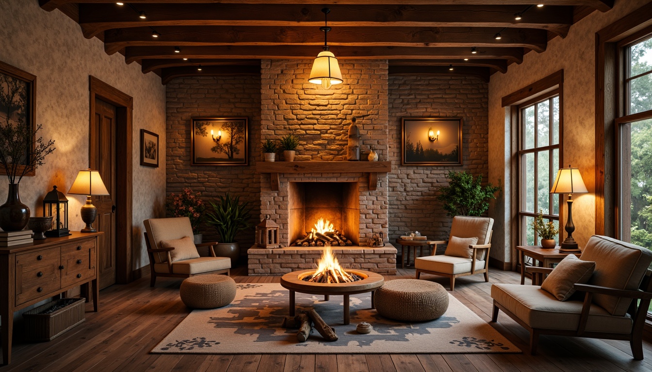 Prompt: Rustic farmhouse, warm cozy ambiance, soft golden lighting, pendant lamps, wooden beam ceilings, exposed brick walls, natural stone floors, vintage metal lanterns, distressed wood furniture, earthy color palette, candlelight, fire pit, warm glow, shallow depth of field, 1/1 composition, realistic textures, ambient occlusion.