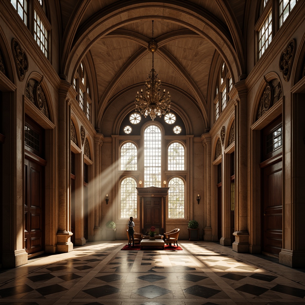 Prompt: Grand archways, ornate stone carvings, ribbed vaulted ceilings, stained glass windows, intricate tracery patterns, majestic wooden doors, polished marble floors, rich velvet drapes, regal throne-like seating, warm golden lighting, dramatic chiaroscuro shading, 1/1 composition, symmetrical framing, atmospheric fog effect, mysterious ambient soundscapes.