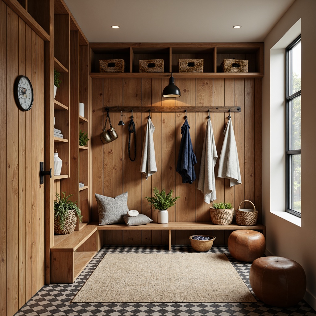 Prompt: Warm mudroom, natural wood accents, woven baskets, rustic metal hooks, vintage-inspired decorative lighting, earthy tone walls, plush area rugs, geometric patterned tiles, wooden bench seating, minimalist coat racks, industrial-chic shelving units, rich leather ottomans, organic-shaped planters, soft warm lighting, shallow depth of field, 1/1 composition, realistic textures, ambient occlusion.