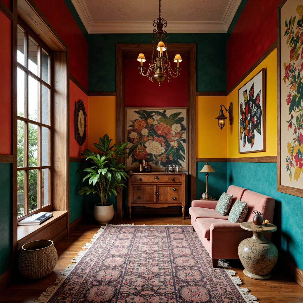 Prompt: Vibrant eclectic entryway, bold color blocking, contrasting textures, distressed wood accents, ornate metal fixtures, vintage rugs, abstract artwork, eclectic furniture pieces, mixed metallic tones, rich jewel-toned walls, warm golden lighting, dramatic shadows, 1/1 composition, intimate focal point, realistic materials, ambient occlusion.