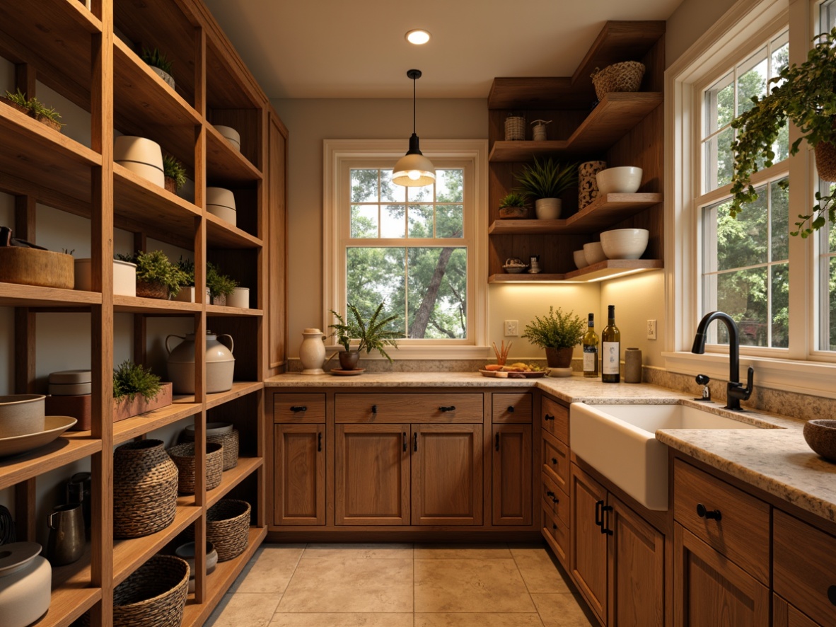 Prompt: Warm pantry atmosphere, soft warm lighting, wooden shelves, rustic cabinetry, earthy tones, natural stone countertops, woven baskets, ceramic jars, ambient glow, subtle shadows, cozy nooks, inviting aromas, warm beige walls, creamy white trim, pendant lamps, matte metal finishes, recessed lighting, warm neutrals, soft pastels, textured fabrics, vintage decorative items.