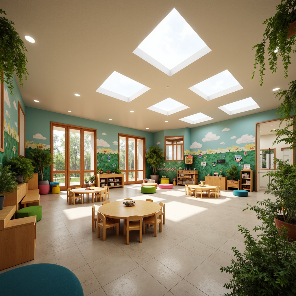 Prompt: Vibrant kindergarten interior, large windows, transparent glass doors, skylights, soft natural light, pastel color scheme, wooden furniture, playful decorations, educational murals, cozy reading nooks, circular tables, ergonomic chairs, greenery walls, living plants, earthy tones, organic textures, warm atmosphere, shallow depth of field, 3/4 composition, panoramic view, realistic rendering.