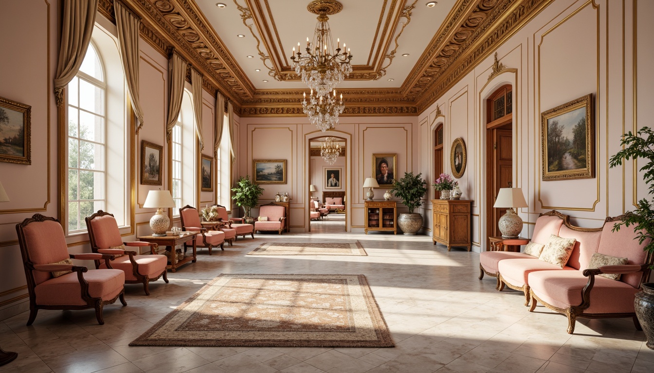 Prompt: Opulent storage room, lavish furnishings, ornate carvings, gilded frames, soft velvet textiles, rich wood tones, Baroque-inspired patterns, pastel hues, pale pink walls, creamy white accents, gold leaf details, luxurious marble floors, crystal chandeliers, warm candlelight, shallow depth of field, 1/1 composition, realistic textures, ambient occlusion.