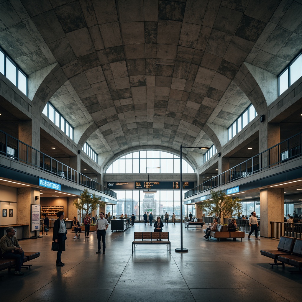 Prompt: Exposed concrete ceilings, raw industrial materials, brutalist architectural style, grand central atrium, elevated platforms, modern train schedules, sleek metal signage, urban cityscape views, atmospheric misty lighting, shallow depth of field, 1/1 composition, symmetrical framing, realistic textures, ambient occlusion, industrial-style seating areas, minimalist waiting lounges, functional retail spaces, futuristic ticketing systems, stainless steel accents, polished concrete floors, dynamic LED lighting installations.