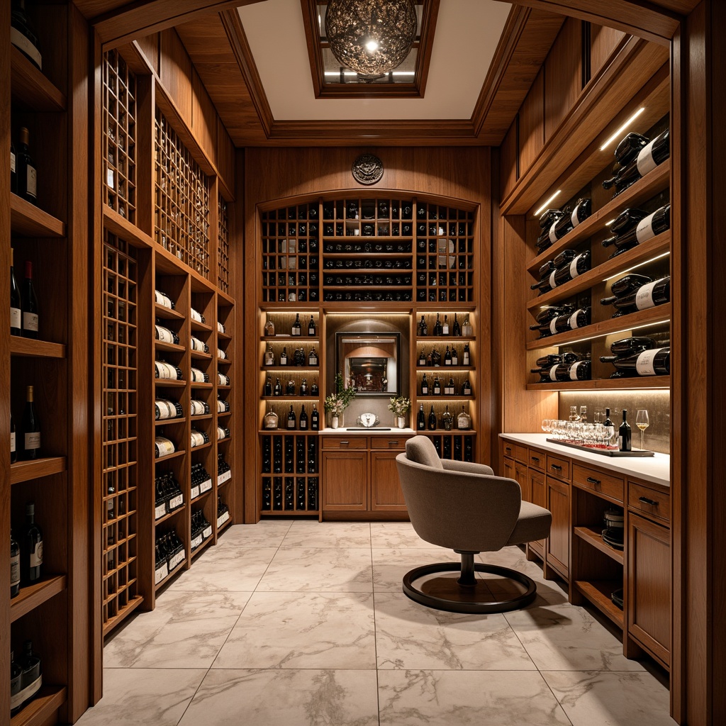 Prompt: Luxurious wine cellar, art deco style, rich wood tones, ornate metalwork, geometric patterns, elegant curves, sophisticated lighting, warm ambient glow, polished marble floors, intricate moldings, bronze accents, lavish furnishings, velvet drapes, rare vintage wines, temperature-controlled environments, humidification systems, custom-designed wine racks, precision-crafted wooden shelves, chrome-plated wine glasses, decanter displays, atmospheric misting, soft focus, shallow depth of field, 1/1 composition, realistic reflections.