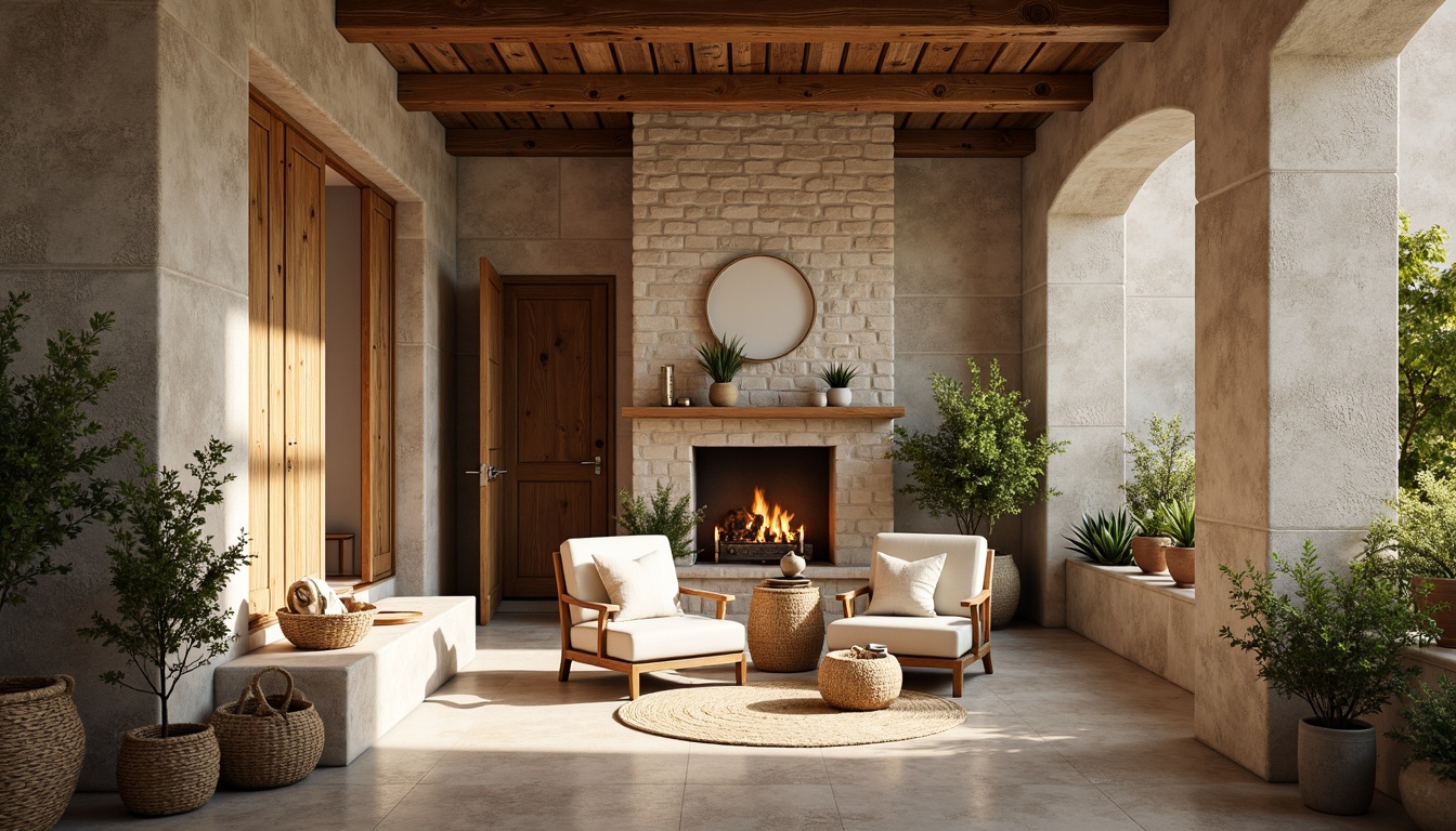 Prompt: Rustic modern interior, distressed stone walls, rough-hewn wooden accents, earthy color palette, natural light pouring in, cozy reading nook, plush armchairs, woven baskets, potted greenery, warm beige tones, subtle texture variations, shallow depth of field, 1/2 composition, soft warm lighting, inviting atmosphere.