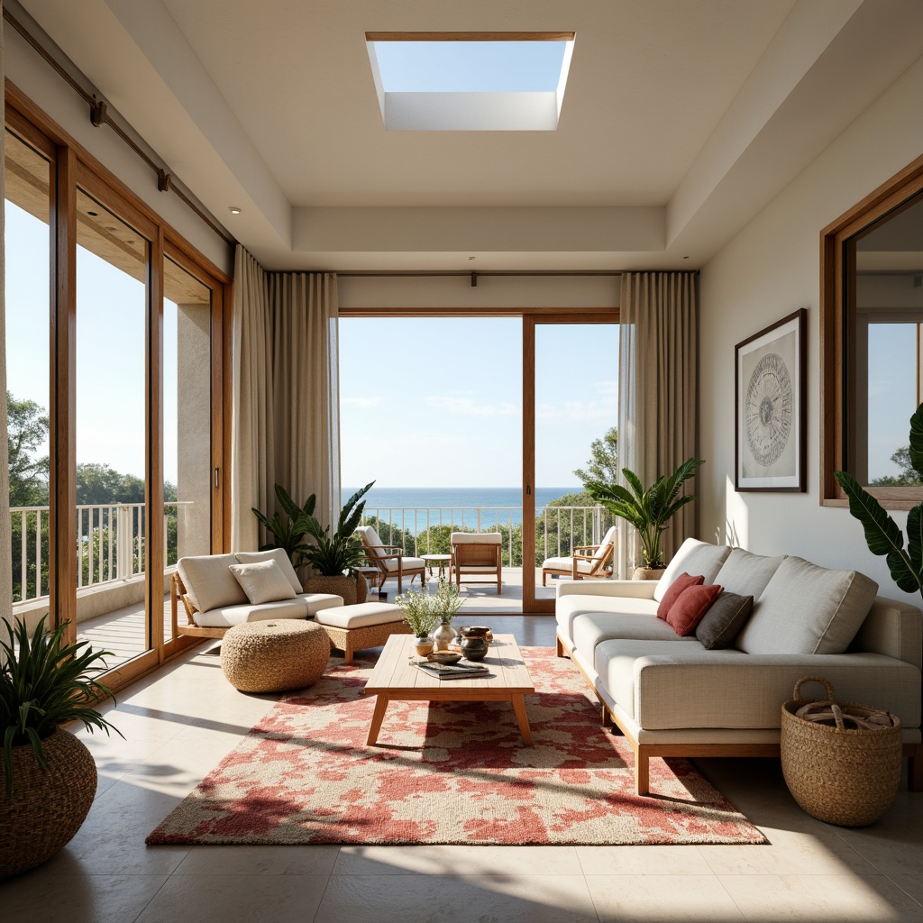 Prompt: Beachside villa, coastal-themed interior, large sliding glass doors, seamless indoor-outdoor flow, ocean-inspired color palette, natural textures, driftwood accents, woven rattan furniture, linen upholstery, coral-patterned rugs, tropical plants, floor-to-ceiling windows, clerestory lighting, vaulted ceilings, open-plan living area, minimalist decor, beachy vibe, warm sunny day, soft diffused light, 1/2 composition, atmospheric perspective, realistic rendering.