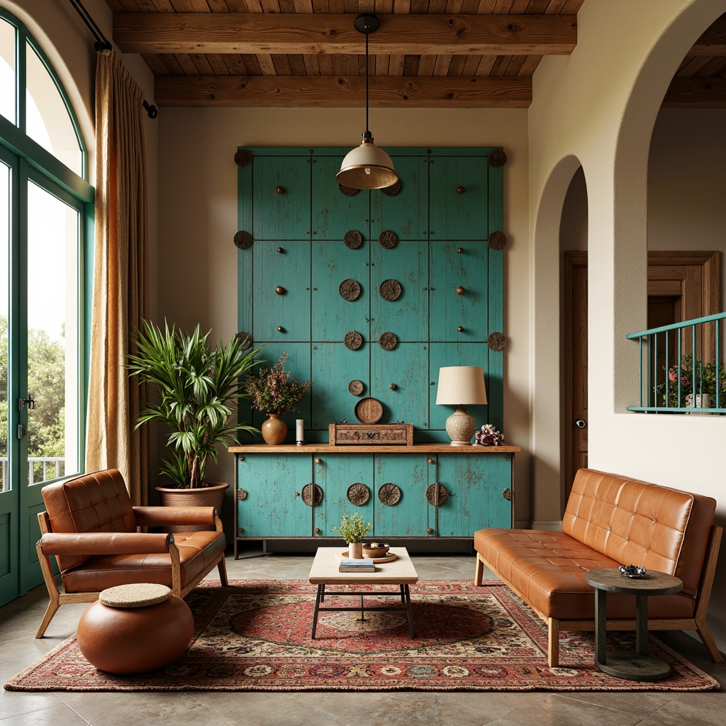 Prompt: Vibrant turquoise accents, rustic wooden cabinetry, ornate metal hardware, distressed leather upholstery, woven wicker furniture, natural fiber rugs, earthy terracotta pots, bold geometric patterns, warm beige walls, soft golden lighting, shallow depth of field, 1/1 composition, realistic textures, ambient occlusion.