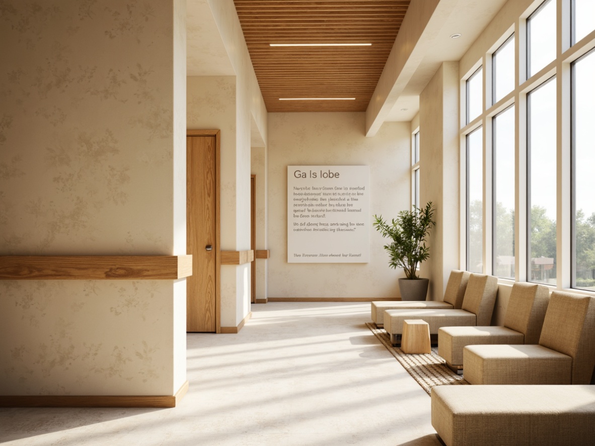 Prompt: Academic clinic interior, warm beige walls, smooth plaster finishes, subtle texture patterns, creamy white trim, wooden accents, minimalist decorative elements, natural light pouring in, large windows, soft diffused lighting, shallow depth of field, 3/4 composition, realistic textures, ambient occlusion, educational wall art, motivational quotes, calm color palette, soothing atmosphere, comfortable seating areas.