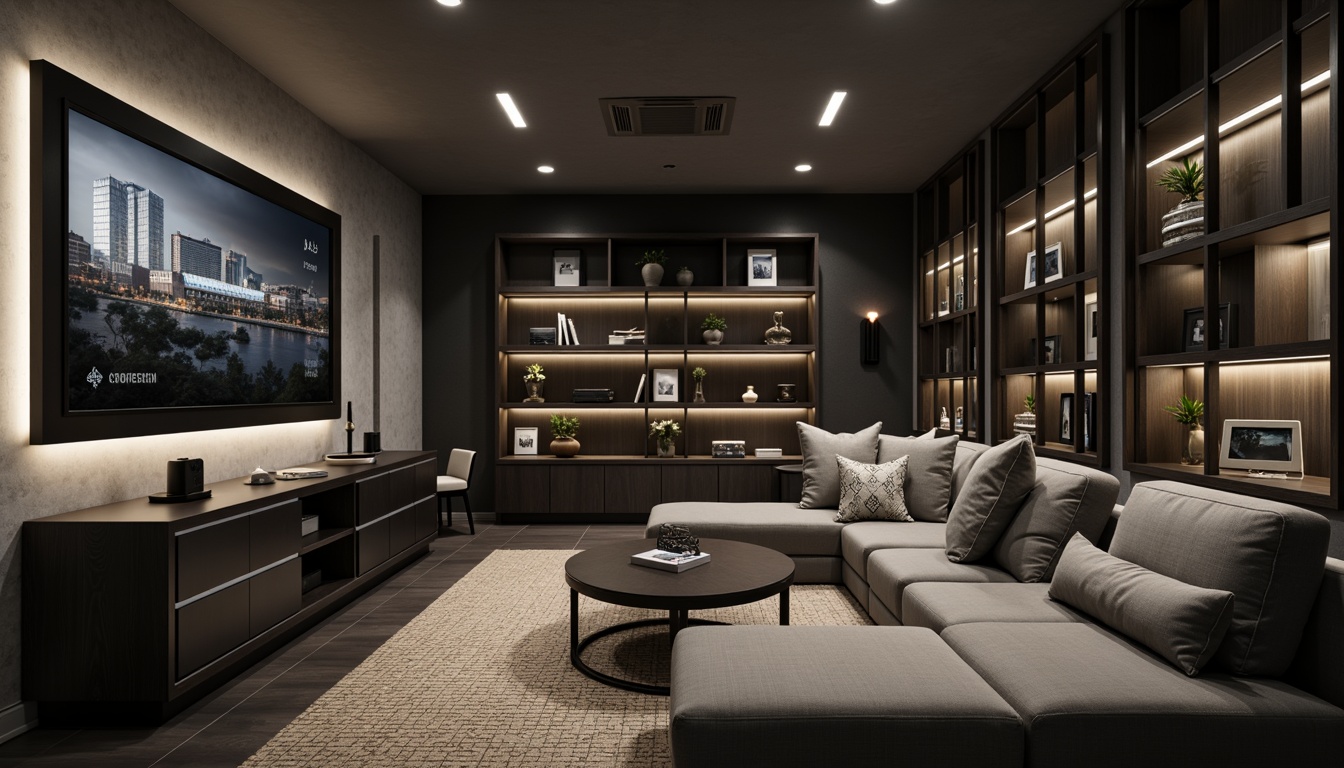 Prompt: Monochromatic game room, minimalist decor, sleek lines, matte black consoles, soft glow LED lights, dark wood accents, industrial metal shelves, plush gray couch, abstract geometric patterns, calming neutral tones, warm beige carpet, modern floor lamps, subtle ambient lighting, shallow depth of field, 1/1 composition, realistic textures, ambient occlusion.