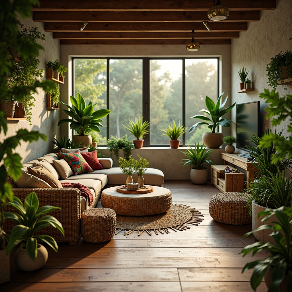 Prompt: Vibrant living room, lush greenery, potted plants, natural textures, wicker furniture, earthy tones, cozy atmosphere, soft warm lighting, shallow depth of field, 3/4 composition, panoramic view, realistic foliage, ambient occlusion, modern interior design, wooden accents, rattan decor, bohemian style, eclectic patterns, colorful throw pillows, comfortable seating area.