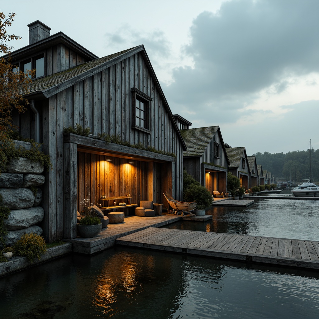 Prompt: Rustic boathouse, brutalist architecture, weathered wood textures, rough-hewn stone walls, industrial metal accents, nautical ropes, distressed wood docks, murky water reflections, overcast sky, dramatic shadows, warm golden lighting, shallow depth of field, 2/3 composition, cinematic view, realistic wear and tear, ambient occlusion, moss-covered roofs, wooden boat models, fishing nets, seashells, driftwood decor.