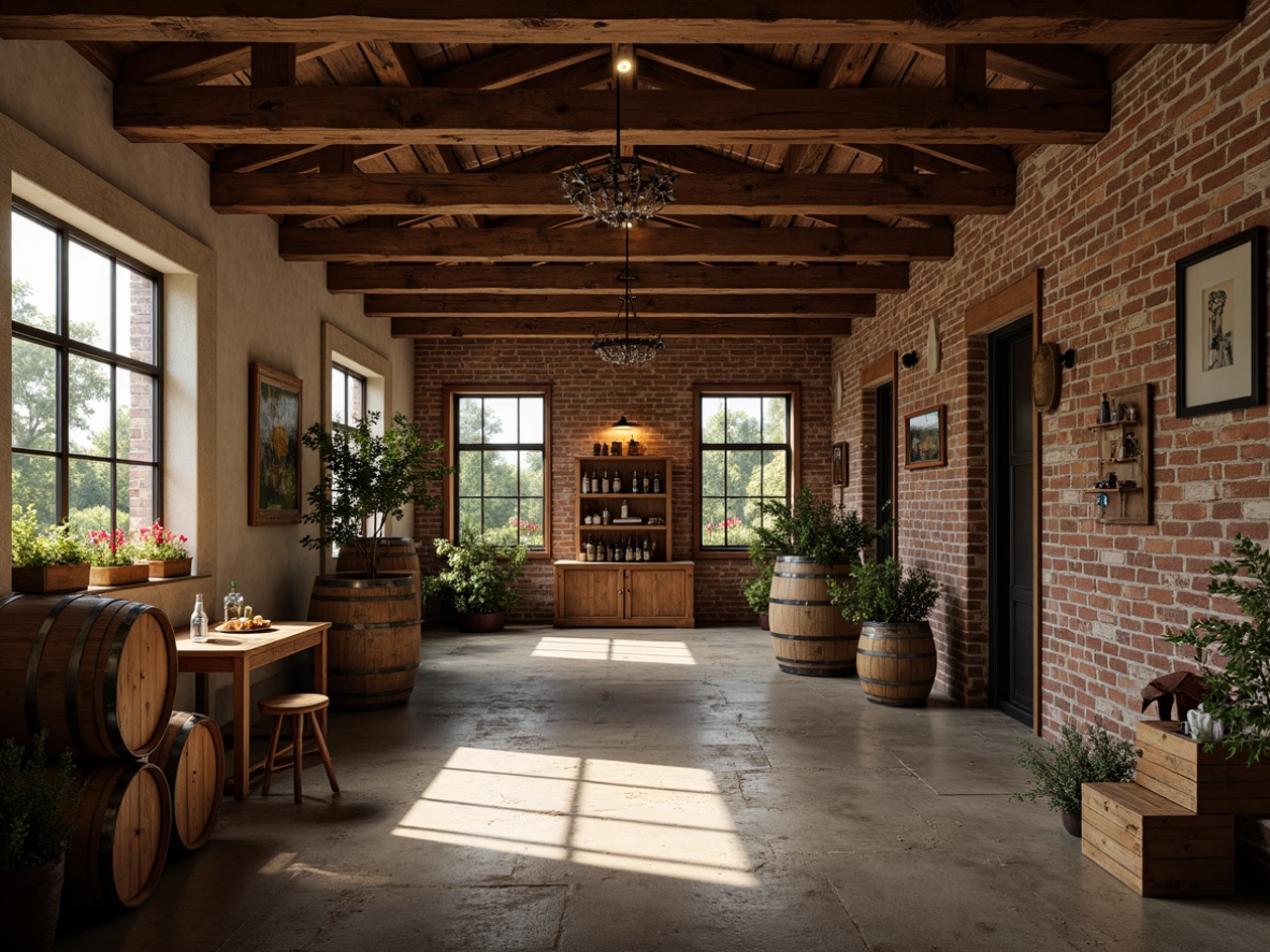 Prompt: Rustic winery interior, reclaimed wood accents, exposed brick walls, metal beams, vintage wine barrels, industrial-style lighting fixtures, wooden crates, earthy tone color palette, natural stone flooring, wrought iron decor, distressed textures, warm atmospheric lighting, shallow depth of field, 2/3 composition, realistic renderings, ambient occlusion.