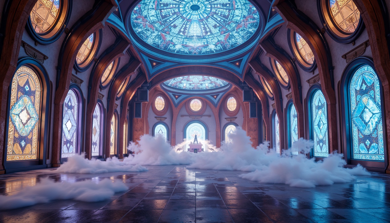 Prompt: Futuristic temple, iridescent domes, gleaming metallic surfaces, holographic stained glass windows, neon-lit alcoves, luminescent frescoes, intricate circuitry patterns, sacred geometries, ethereal ambiance, atmospheric fog, soft pulsing lighting, shallow depth of field, 1/1 composition, symmetrical architecture, sleek marble floors, levitating sculptures, cyberpunk accents, digital hieroglyphics, glowing orbs, ambient occlusion.