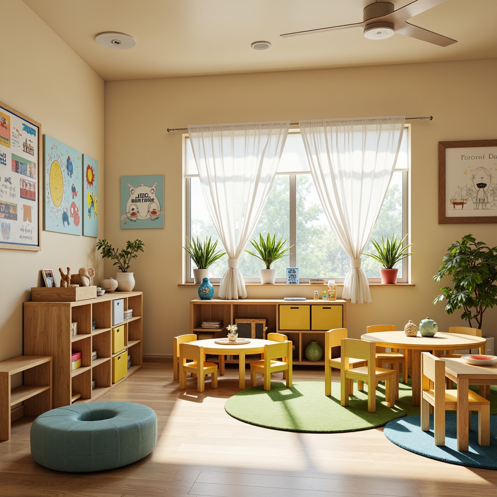 Prompt: Vibrant kindergarten classroom, warm beige walls, soft pastel furniture, bright yellow accents, calming blue tones, playful green hues, whimsical illustrations, rounded shapes, sturdy wooden tables, tiny chairs, colorful rugs, educational posters, interactive whiteboards, natural light pouring in, gentle overhead lighting, shallow depth of field, 1/1 composition, inviting atmosphere, realistic textures, ambient occlusion.