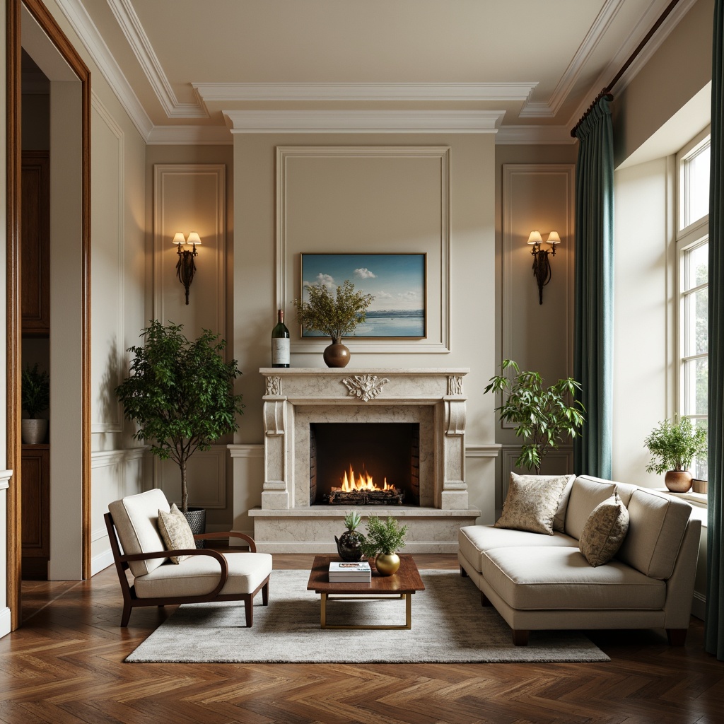 Prompt: Warm beige walls, creamy white trim, rich walnut wood flooring, soft sage green accents, calming blue undertones, luxurious velvet fabrics, metallic gold hardware, natural stone fireplaces, elegant curved lines, ornate wooden furniture, subtle texture variations, warm ambient lighting, shallow depth of field, 1/1 composition, realistic reflections, intricate molding details.