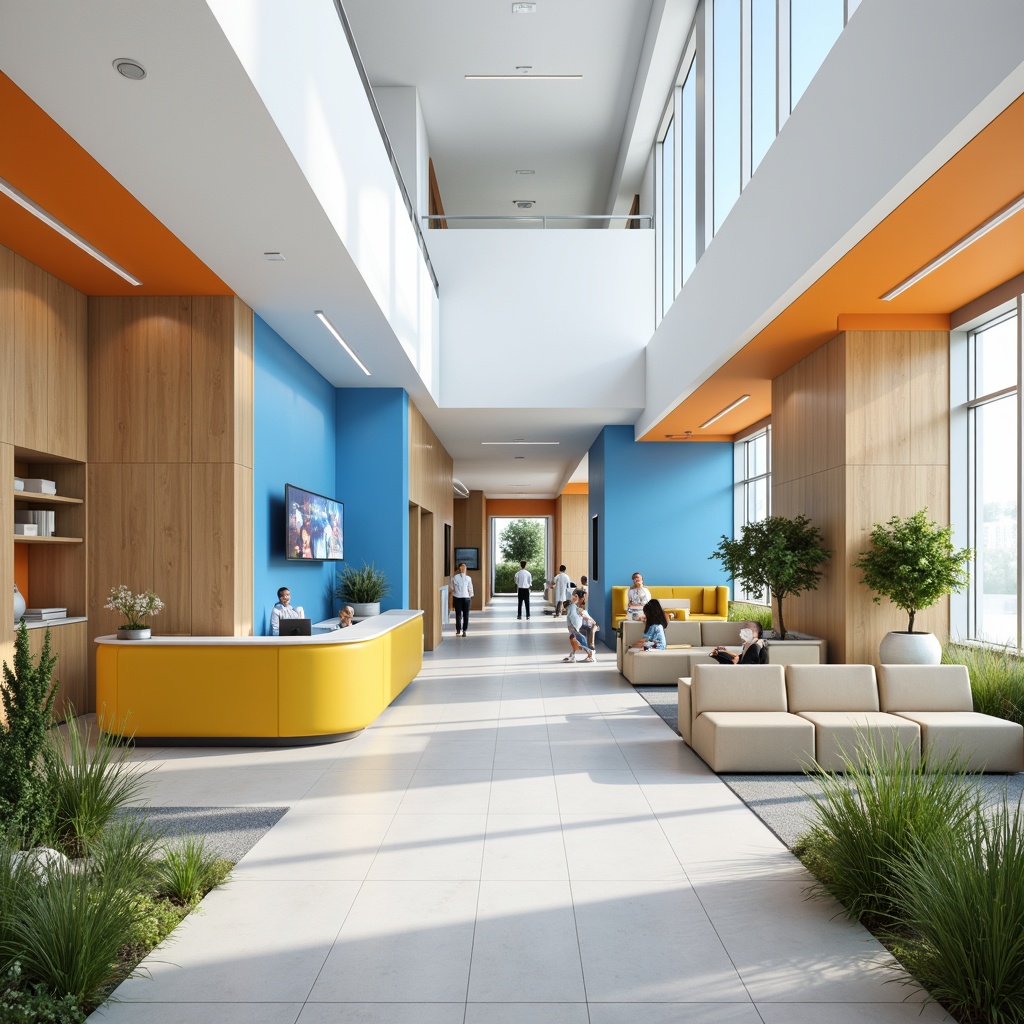 Prompt: Vibrant medical facility, bright white walls, calming blue accents, warm beige furniture, natural wood tones, stimulating yellow highlights, soothing greenery, lively orange decor, modern minimalist aesthetic, sleek metal fixtures, comfortable seating areas, abundant natural light, soft diffused lighting, 1/1 composition, shallow depth of field, realistic textures, ambient occlusion.