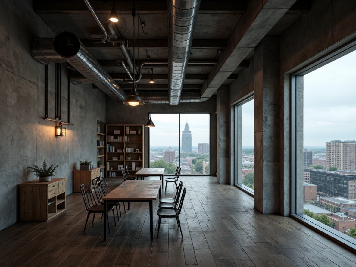 Prompt: Exposed ductwork, industrial pipes, rough concrete walls, metal beams, distressed wood floors, reclaimed lumber, industrial lighting fixtures, raw steel columns, minimalist decor, urban landscape views, cityscape backgrounds, overcast skies, dramatic shadows, high contrast lighting, cinematic composition, gritty textures, brutalist architecture, functional simplicity, mechanical details, utilitarian aesthetics.