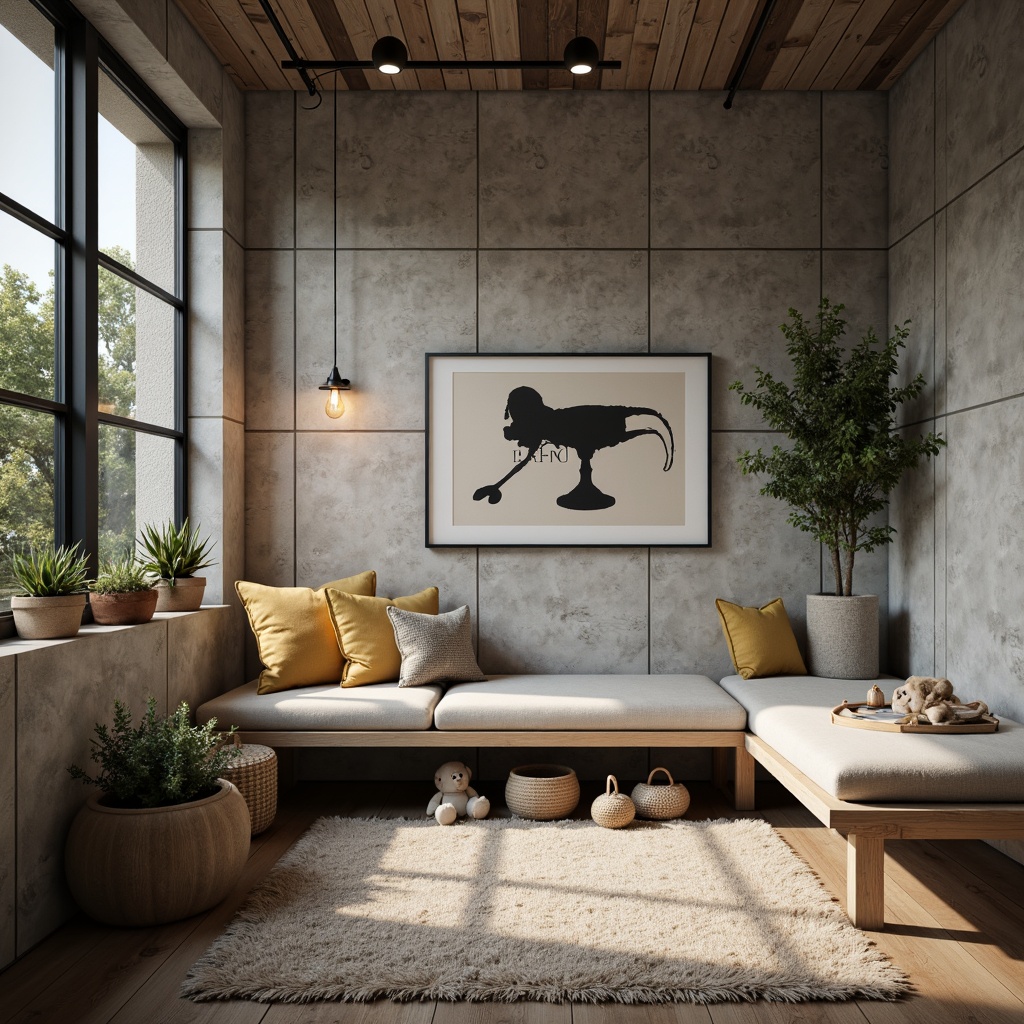 Prompt: Industrial-chic baby room, concrete walls, metallic accents, minimalist decor, low-hanging pendant lamps, exposed bulb fixtures, matte black finishes, raw wood furniture, natural textiles, earthy color palette, cozy reading nook, soft warm lighting, shallow depth of field, 1/1 composition, realistic textures, ambient occlusion.